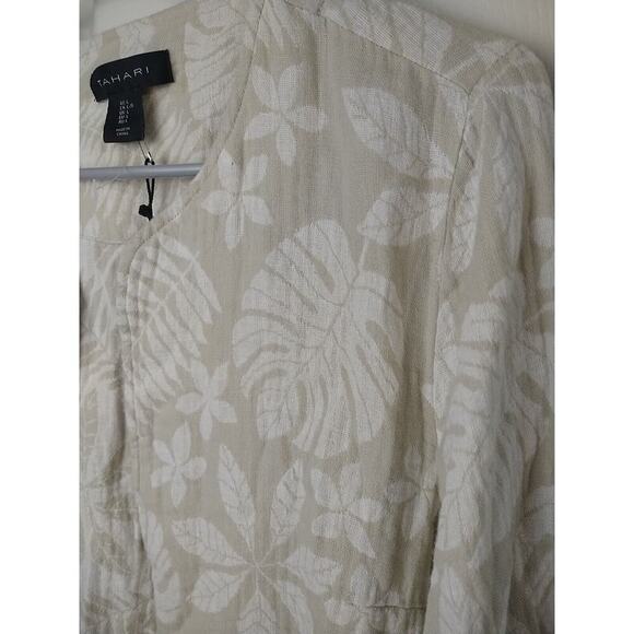 Tahari Linen Blend White Brown Open Long Sleeve Leaf Print Pocket Blazer Size L - Picture 3 of 9